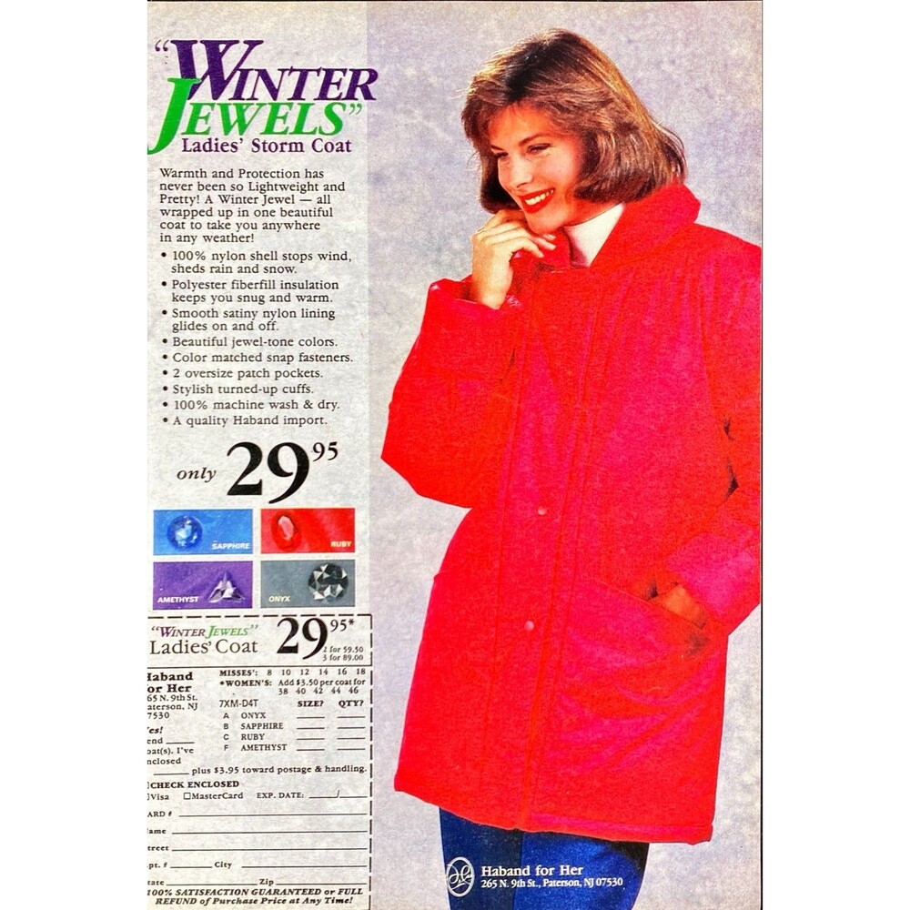 Haband for Her "Winter Jewels Ladies Storm Coat only 29.95"Vintage Print Ad 1993